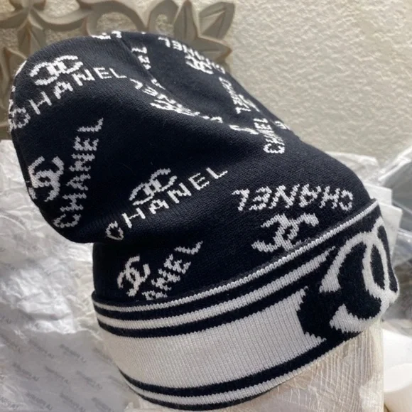 CHANEL Monogram Black and White Knit Hat